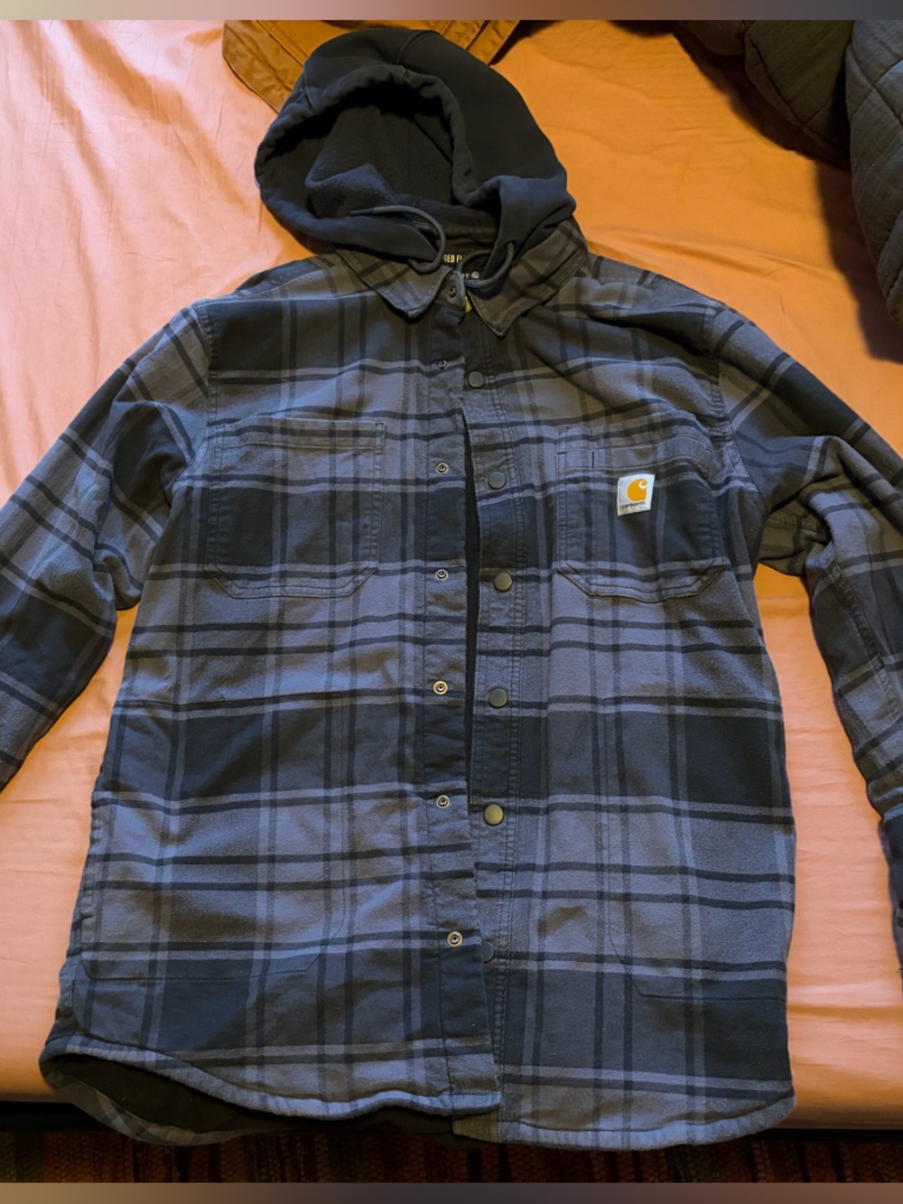 Carhartt Gray and Black Plaid Hooded Flannel Shirt Jacket
